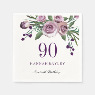 Serviette En Papier Elégant Plum violet Rose Floral 90e anniversaire