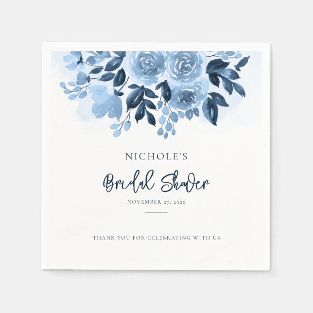 Serviette En Papier Élégant Poussiéreux Bleu Floral Script Mariage Sho (Devant)