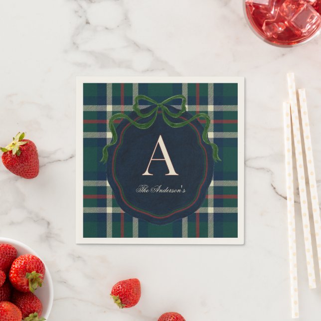 Serviette En Papier Elegant Preppy Plaid Monogram Christmas (En situation)