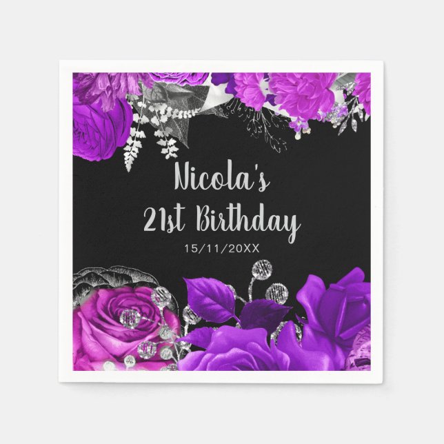 Serviette En Papier Elegant Purple and Silver Flowers Birthday Party  (Devant)