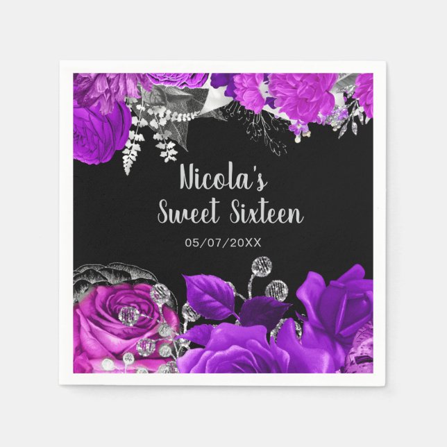 Serviette En Papier Elegant Purple and Silver Flowers Sweet Sixteen  (Devant)