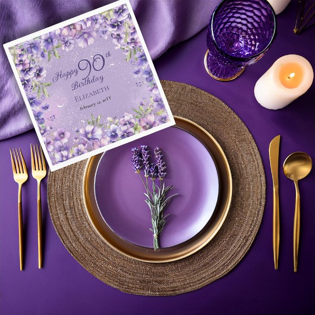 Serviette En Papier Elegant Purple Floral Violets 90th Birthday Party  (Elegant Purple Floral Violets 90th Birthday Party Napkins)