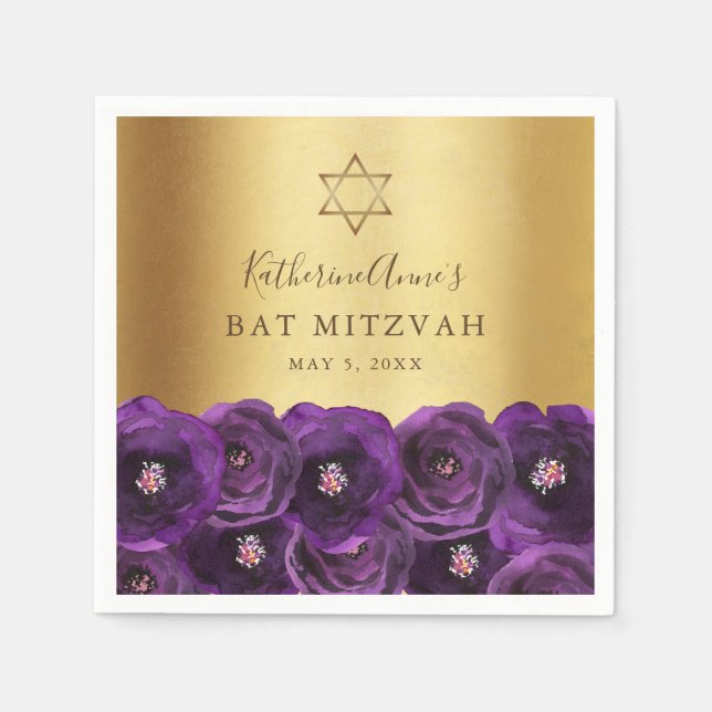 Serviette En Papier Elegant Purple Rose Floral Gold Bat Mitzvah (Devant)