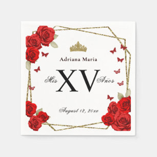 Serviette En Papier Élégant Quinceanera Roses Noires Or Rouge