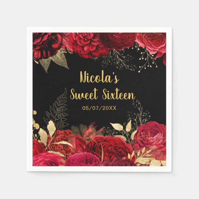 Serviette En Papier Elegant Red and Gold Flowers Sweet Sixteen  (Devant)