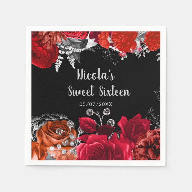 Serviette En Papier Elegant Red and Silver Flowers Sweet Sixteen  (Devant)