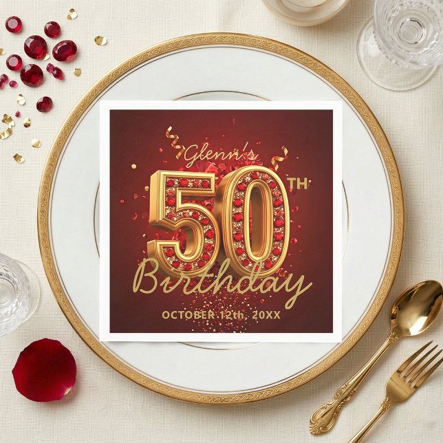 Serviette En Papier Elegant Red Gold 50th Birthday Party Glam (Créateur téléchargé)