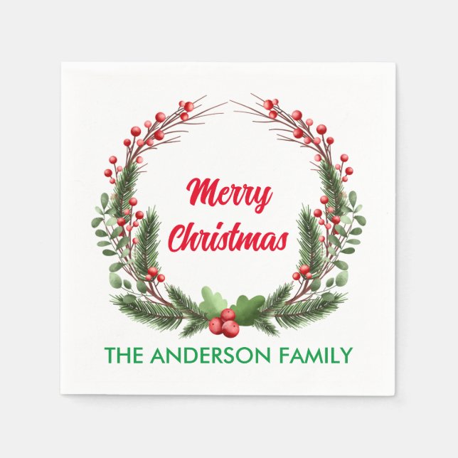Serviette En Papier Élégant Red Holly Berry Noël de famille (Devant)