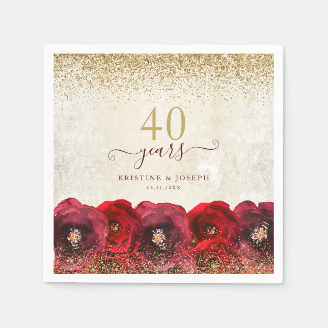 Serviette En Papier Elegant Red Rose Floral Gold 40th Anniversary (Devant)