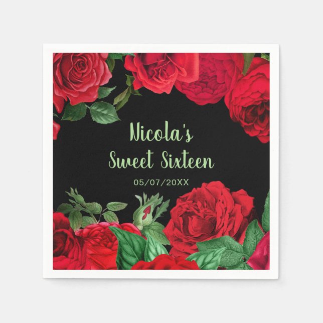 Serviette En Papier Elegant Red Roses Flowers Sweet Sixteen (Devant)