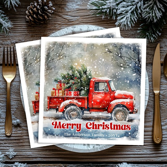 Serviette En Papier Elegant red truck Christmas scene party napkins (Elegant red truck Christmas scene party napkins)