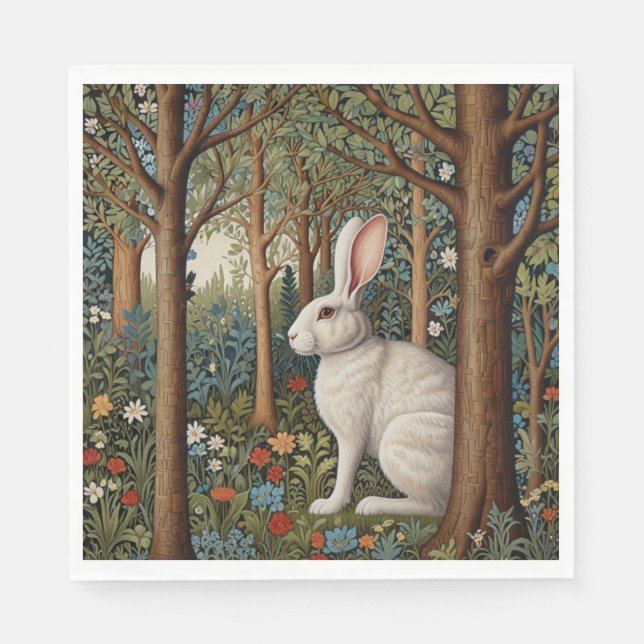 Serviette En Papier Elégant retro boho blanc lapin boisé fleurs (Devant)