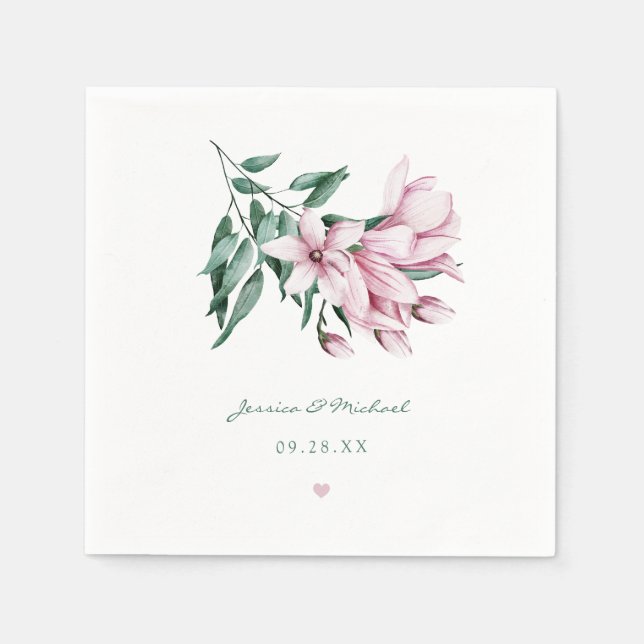 Serviette En Papier Elégant rose Aquarelle Magnolia Floral Mariage (Devant)