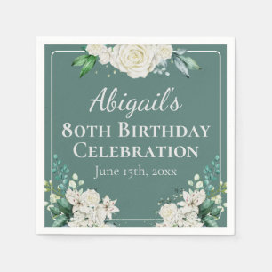 Serviette En Papier Elégant Rose blanche Floral 80e anniversaire n'imp