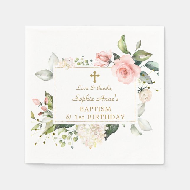 Serviette En Papier Élégant rose Blush Floral 1er Anniversaire Baptême (Devant)