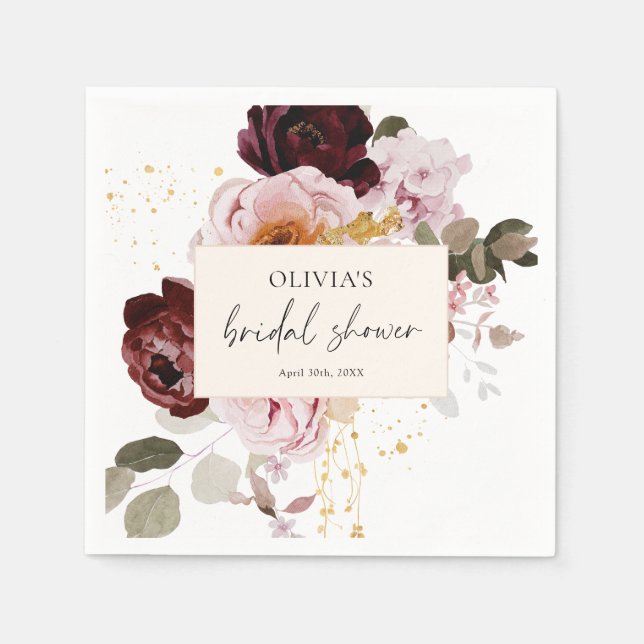 Serviette En Papier Élégant rose burgundy floral Fête de mariage  (Devant)