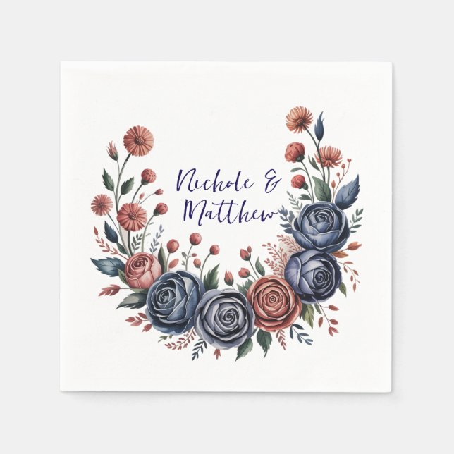 Serviette En Papier Élégant Rose de la marine et Mariage de fleurs en  (Devant)