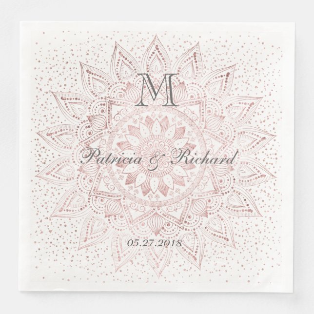 Serviette En Papier Élégant rose  d'or mandala confetti mariage (Devant)