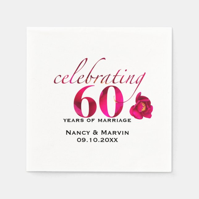Serviette En Papier Élégant rose floral 60e Anniversaire nom date (Devant)