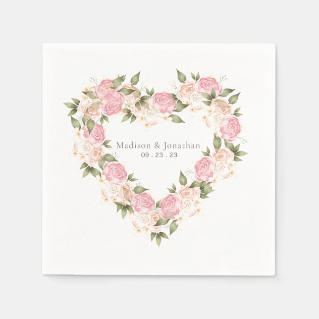 Serviette En Papier Elégant rose Floral Aquarelle Noms Date Mariage (Devant)
