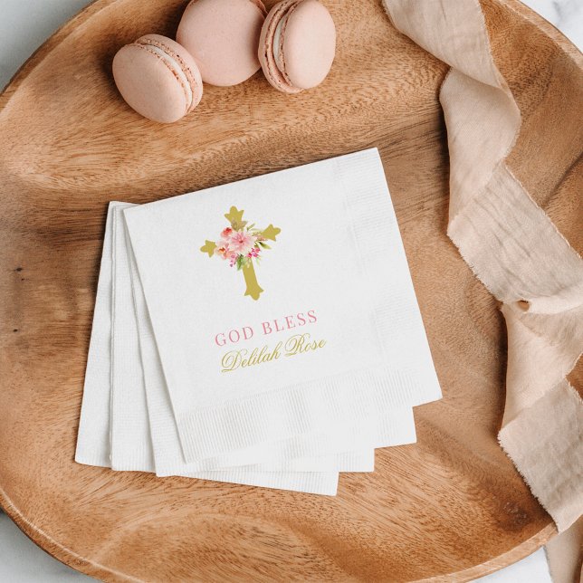 Serviette En Papier Élégant rose Floral Gold Cross Baptism pour fille (Créateur téléchargé)
