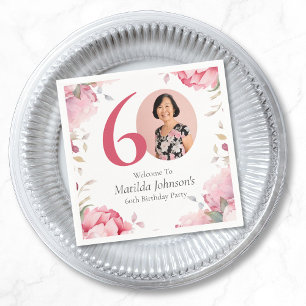 Serviette En Papier Elégant rose floral photo 60e anniversaire fête
