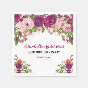Serviette En Papier Elégant rose floral violet aquarelle Anniversaire