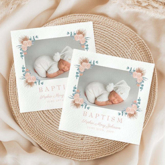 Serviette En Papier Élégant rose florale fille Baptême photo (Elegant Pink Floral Girl Baptism Photo Napkins)