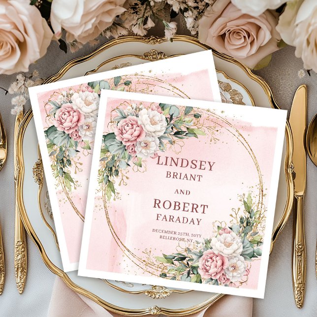 Serviette En Papier Elegant Rose Gold Floral Eucalyptus Gold Glitter   (Elegant Rose Gold Floral Eucalyptus Gold Glitter Wedding Napkins)