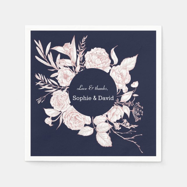 Serviette En Papier Elégant Rose Gold Flowers Marine Blue Mariage (Devant)