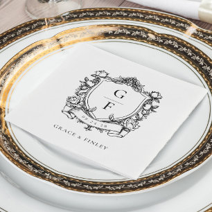 Serviette En Papier Élégant Rose Monogram Crest Mariage