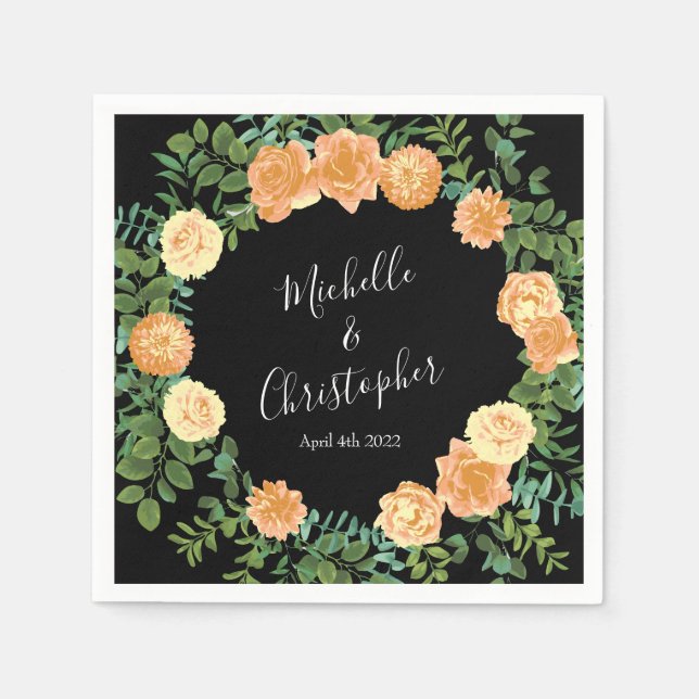 Serviette En Papier Élégant Rose noir et pêche Mariage (Devant)