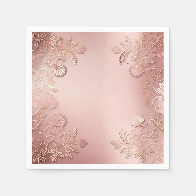 Serviette En Papier Élégant Rose Or Et Rose Floral (Devant)