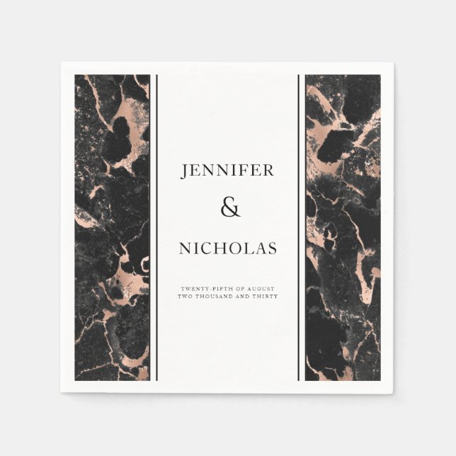 Serviette En Papier Élégant Rose or & marbre noir Mariage (Devant)