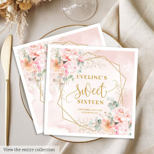 Serviette En Papier Élégant Rose Pâle et Fleurs Dorées pour un Sweet S