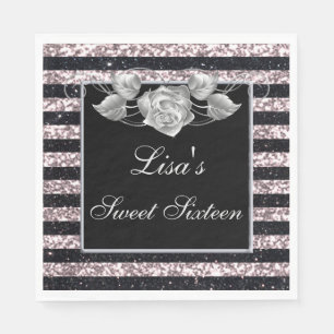 Serviette En Papier Elégant rose Parties scintillant noire Rose argent