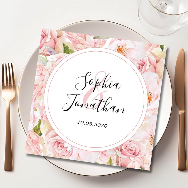 Serviette En Papier Élégant rose Roses Mariage personnalisé (Elegant Pink Roses Personalized Wedding Paper Napkin)