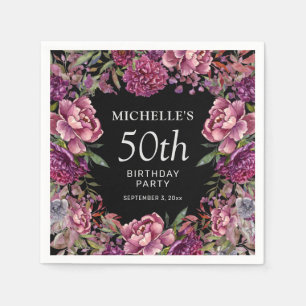 Serviette En Papier Élégant rose violet rose floral noir 50e anniversa