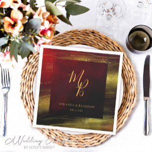 Serviette En Papier Élégant rouge avec Mariage Monogramme Or