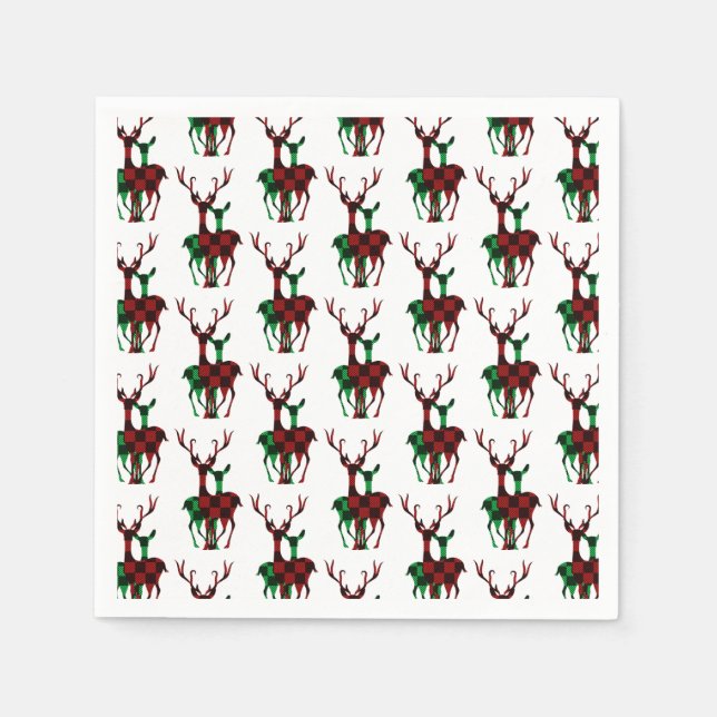 Serviette En Papier Élégant rouge et vert Buffalo Plaid Reindeer Coupl (Devant)