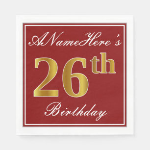 Serviette En Papier Elégant Rouge, Faux Gold 26ème Anniversaire + Nom 