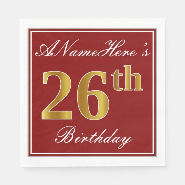 Serviette En Papier Elégant Rouge, Faux Gold 26ème Anniversaire + Nom  (Devant)