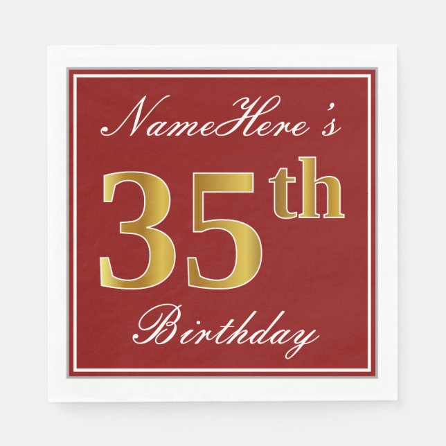 Serviette En Papier Elégant Rouge, Faux Gold 35ème Anniversaire + Nom  (Devant)