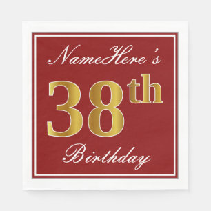 Serviette En Papier Elégant Rouge, Faux Gold 38ème Anniversaire + Nom 