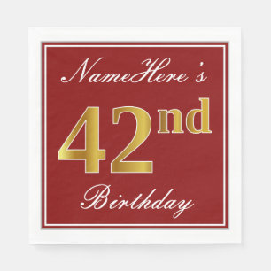 Serviette En Papier Elégant Rouge, Faux Gold 42ème Anniversaire + Nom 