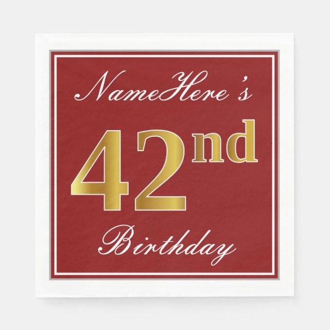Serviette En Papier Elégant Rouge, Faux Gold 42ème Anniversaire + Nom  (Devant)