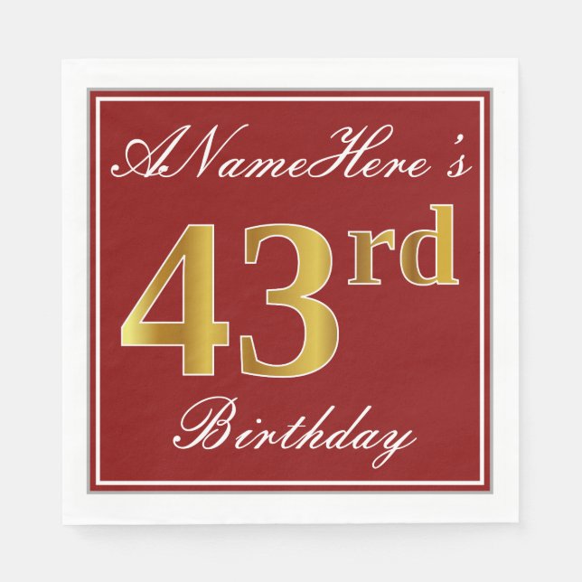 Serviette En Papier Elégant Rouge, Faux Gold 43ème Anniversaire + Nom  (Devant)