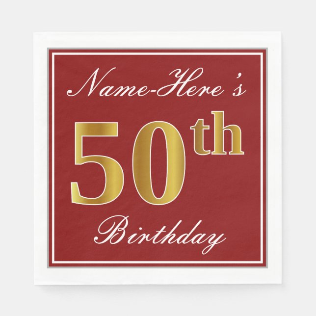 Serviette En Papier Elégant Rouge, Faux Gold 50e Anniversaire + Nom pe (Devant)