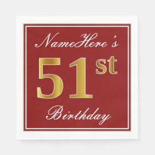 Serviette En Papier Elégant Rouge, Faux Gold 51ème Anniversaire + Nom 