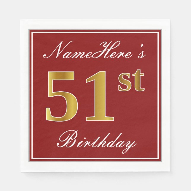 Serviette En Papier Elégant Rouge, Faux Gold 51ème Anniversaire + Nom  (Devant)